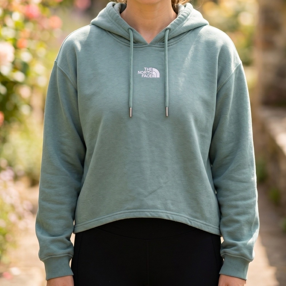 The North Face Womens Sage Green Cropped High Low Hoodie Pink Logo NF0A5I9L
